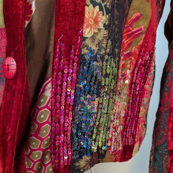 Coldwater Creek Velvet Patchwork Jacket XSP Red Floral Vintage 90S Whimsigoth - Picture 5 of 11